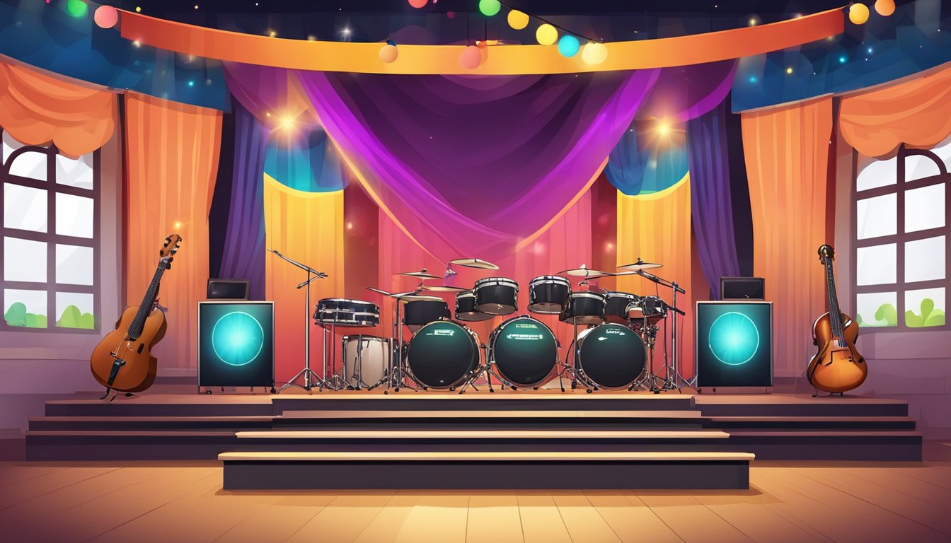 A school stage with colorful lights, a microphone, and musical instruments set up for a performance