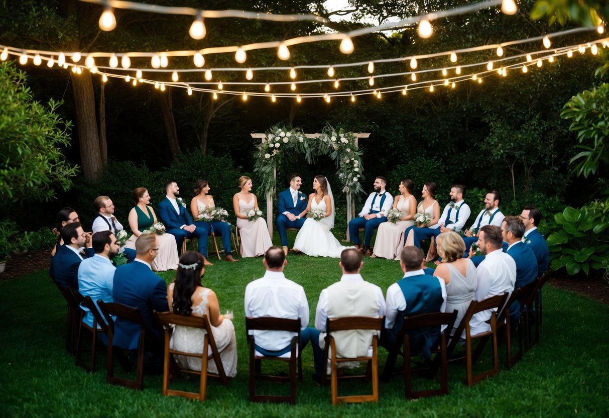 A cozy outdoor wedding with 50 guests seated in a circle around the couple, surrounded by lush greenery and twinkling string lights