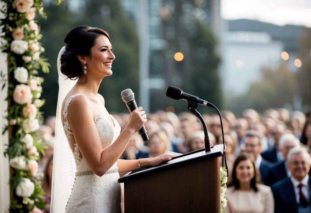 A bride standing at a podium, smiling and looking out at the audience, holding a microphone. Flowers and decorations adorn the background