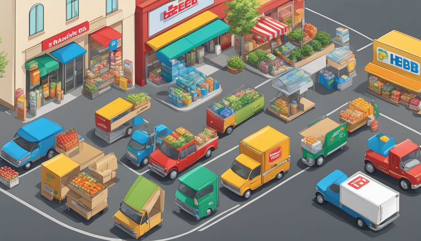 A colorful display of groceries and household items arranged neatly in a curbside pickup area outside a bustling HEB store