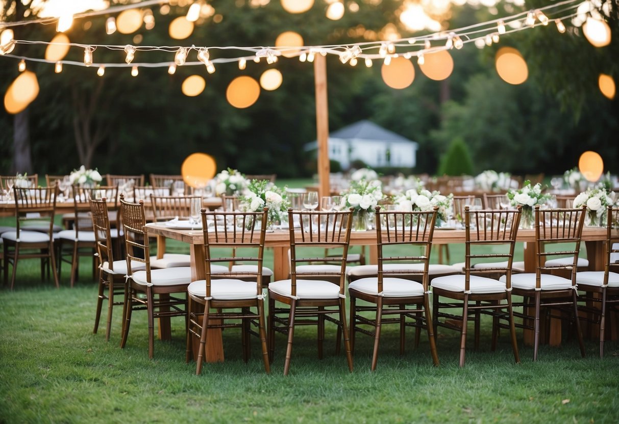 A cozy outdoor wedding venue with 50 chairs set up for guests