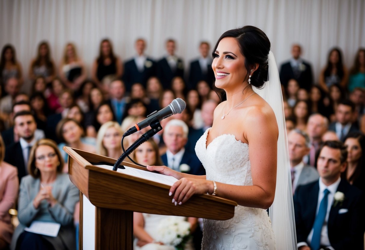 A bride stands confidently at the podium, smiling as she addresses the room. The audience listens intently, captivated by her heartfelt words