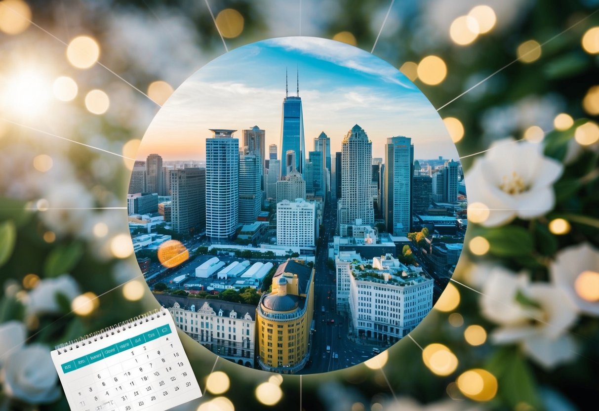 A bustling city skyline with various wedding venues and suppliers, surrounded by a calendar showing a tight timeline