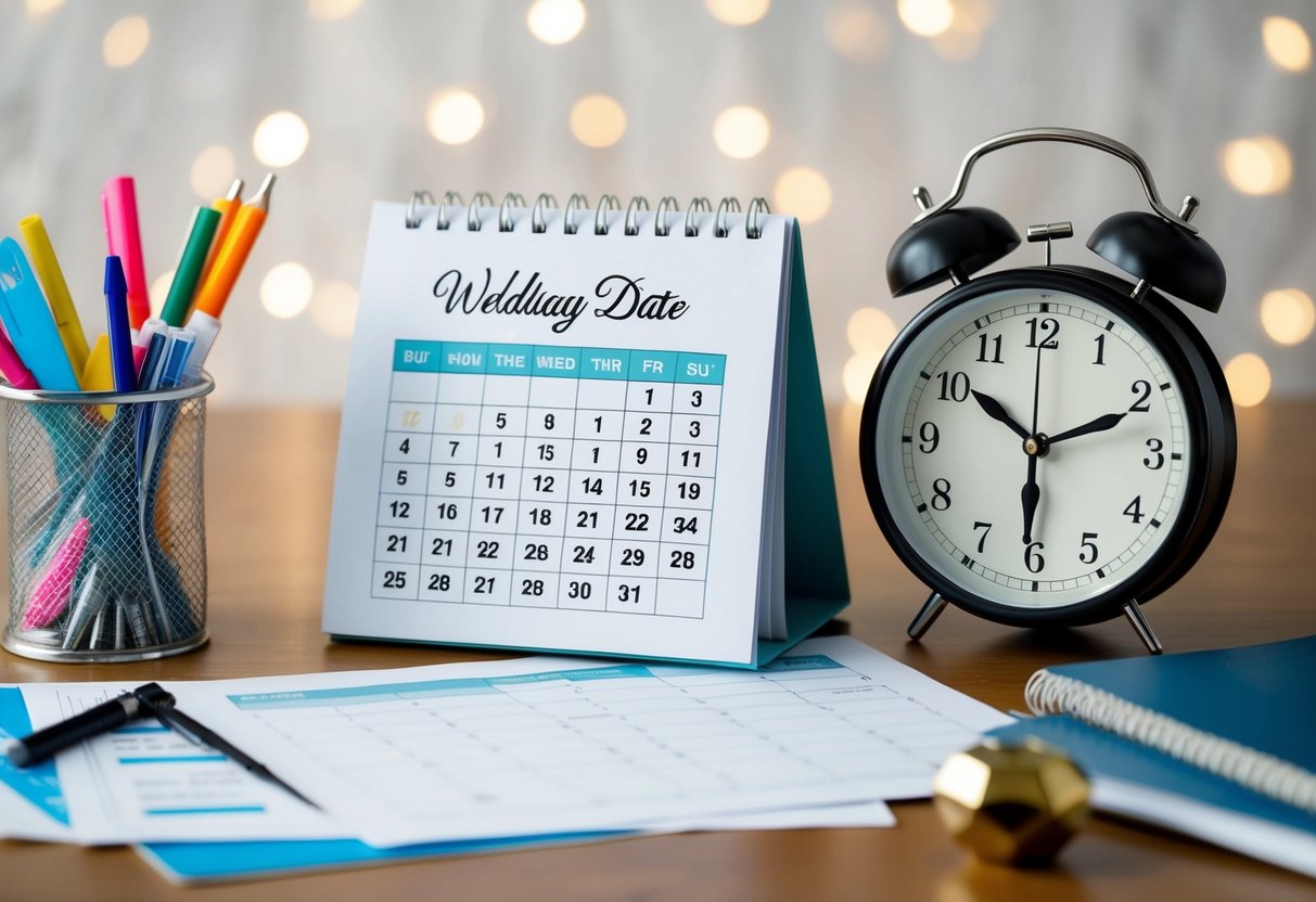 A calendar with wedding date circled, surrounded by planning materials and a clock showing a short timeframe
