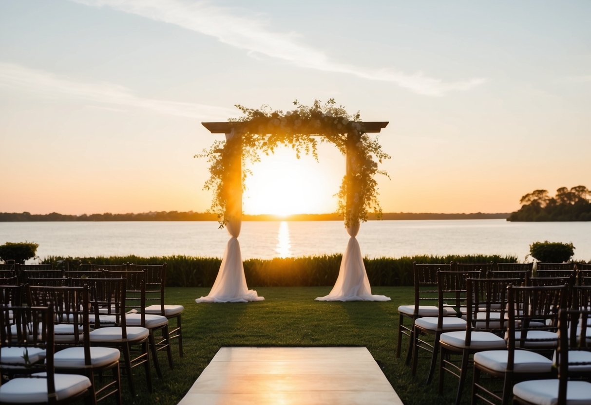 A sun setting over a tranquil outdoor setting, with soft golden light casting a warm glow on the ceremony space