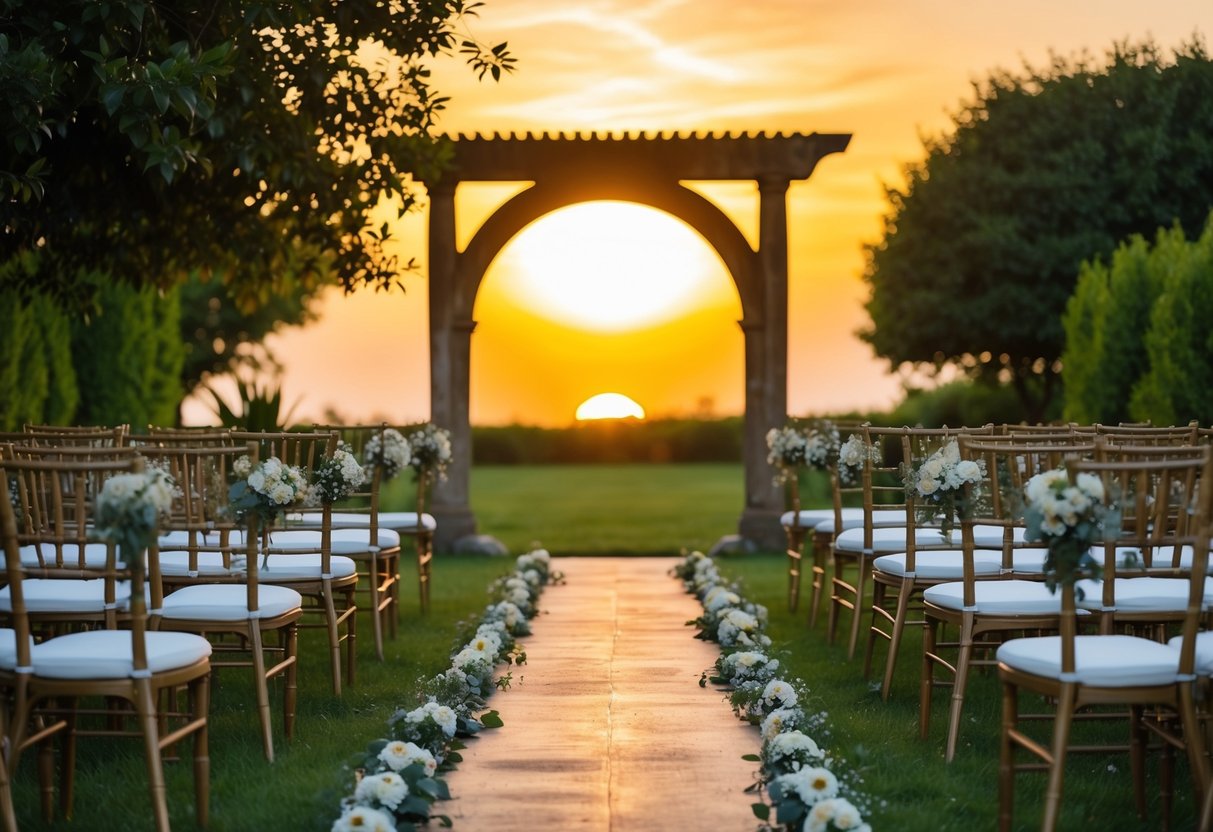 A golden sun setting behind a rustic archway in a lush garden, casting a warm glow on an empty aisle lined with flowers