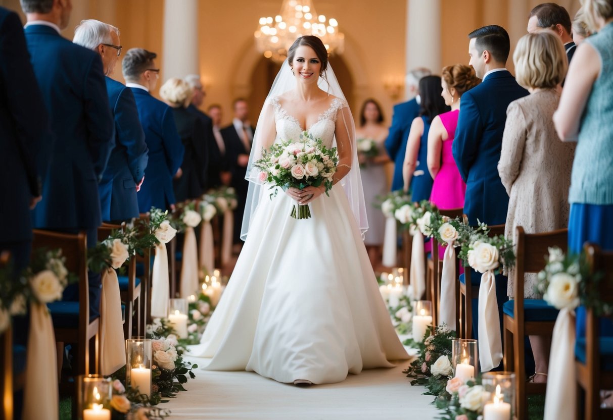 A bride walks down the aisle to the sound of soft, romantic music, surrounded by flowers and candlelight