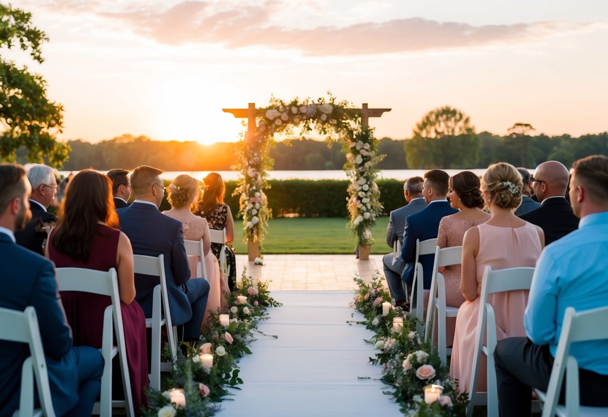 A sun setting over a serene outdoor wedding venue, with guests seated and a floral-adorned arch at the end of the aisle