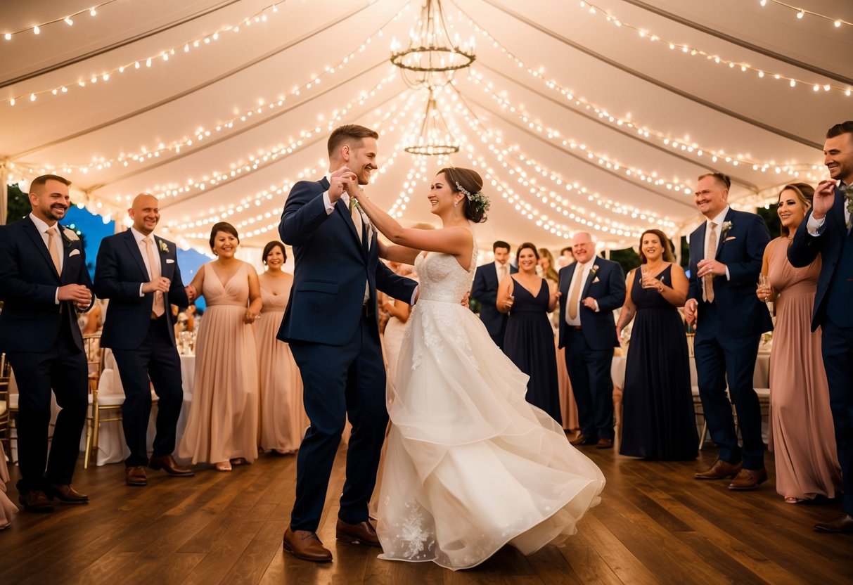 A bride and groom dancing under a canopy of twinkling lights, surrounded by guests swaying to the music