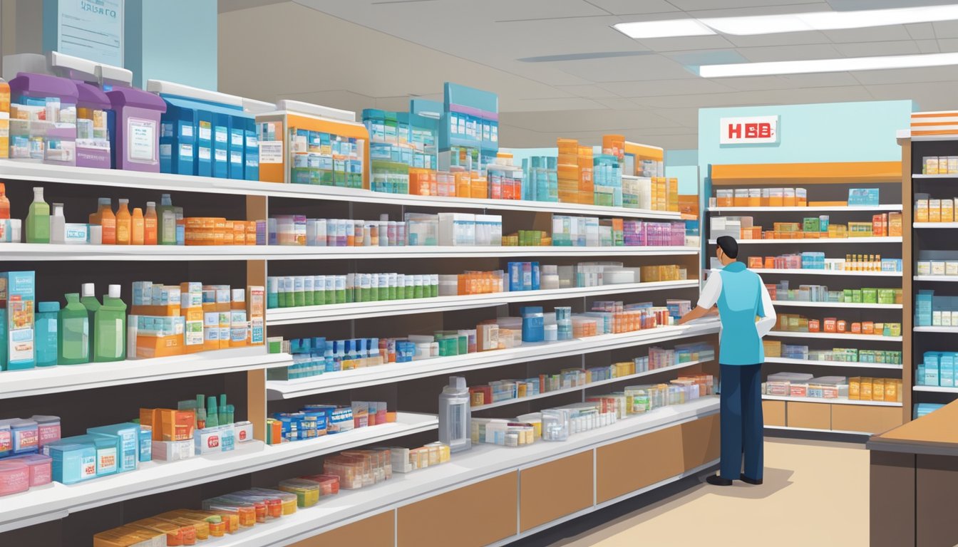 A brightly lit H-E-B pharmacy with shelves of medicine and a counter with a pharmacist ready to assist customers