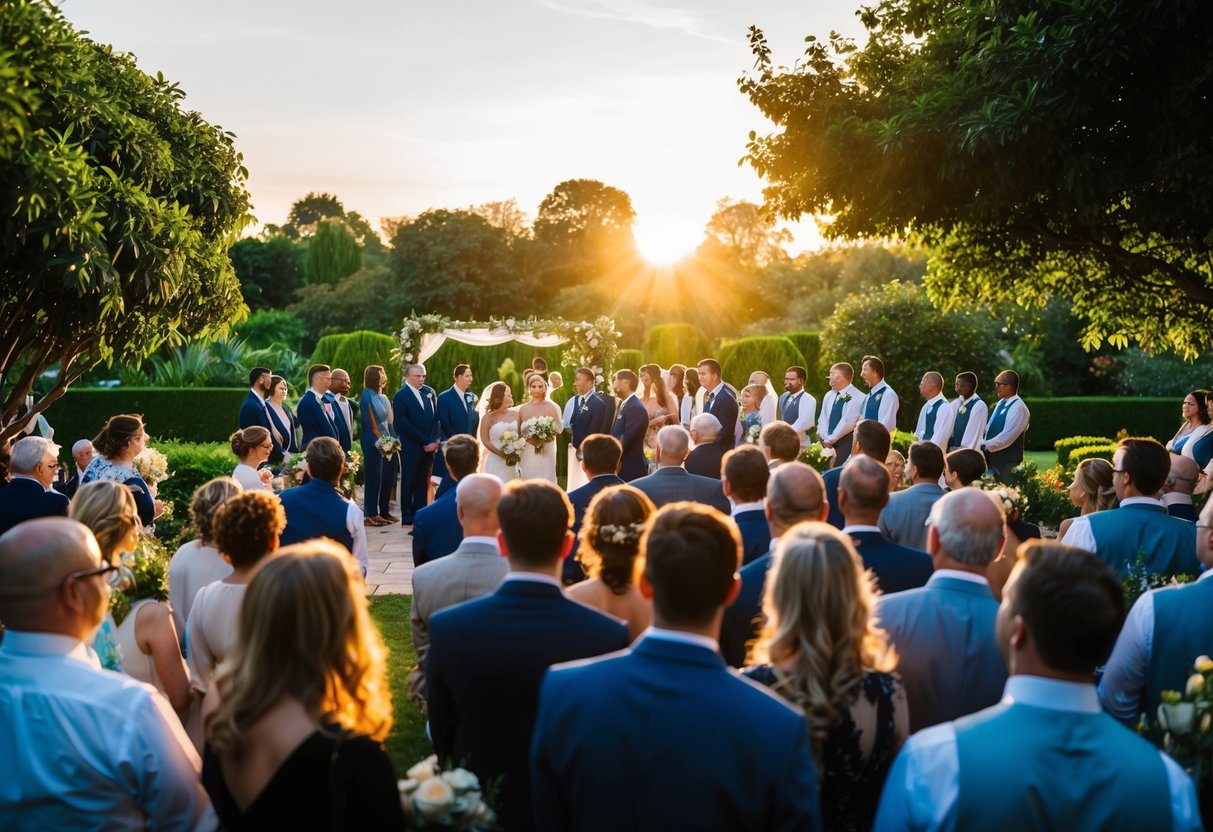 Guests gather under a setting sun in a lush garden, a serene atmosphere as they await the wedding ceremony to begin at 6:30 pm
