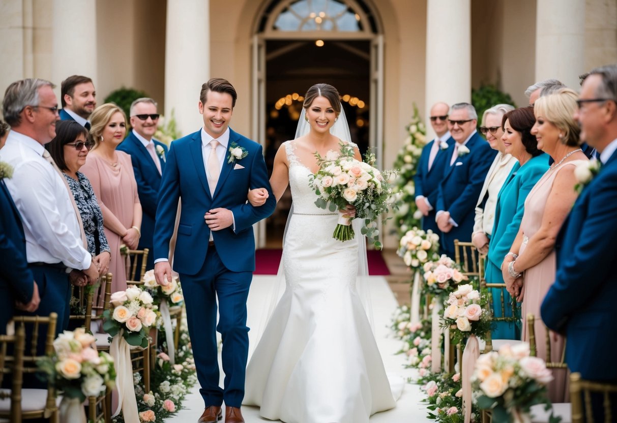 A bride walks down the aisle to the sound of a romantic and iconic song, surrounded by flowers and loved ones
