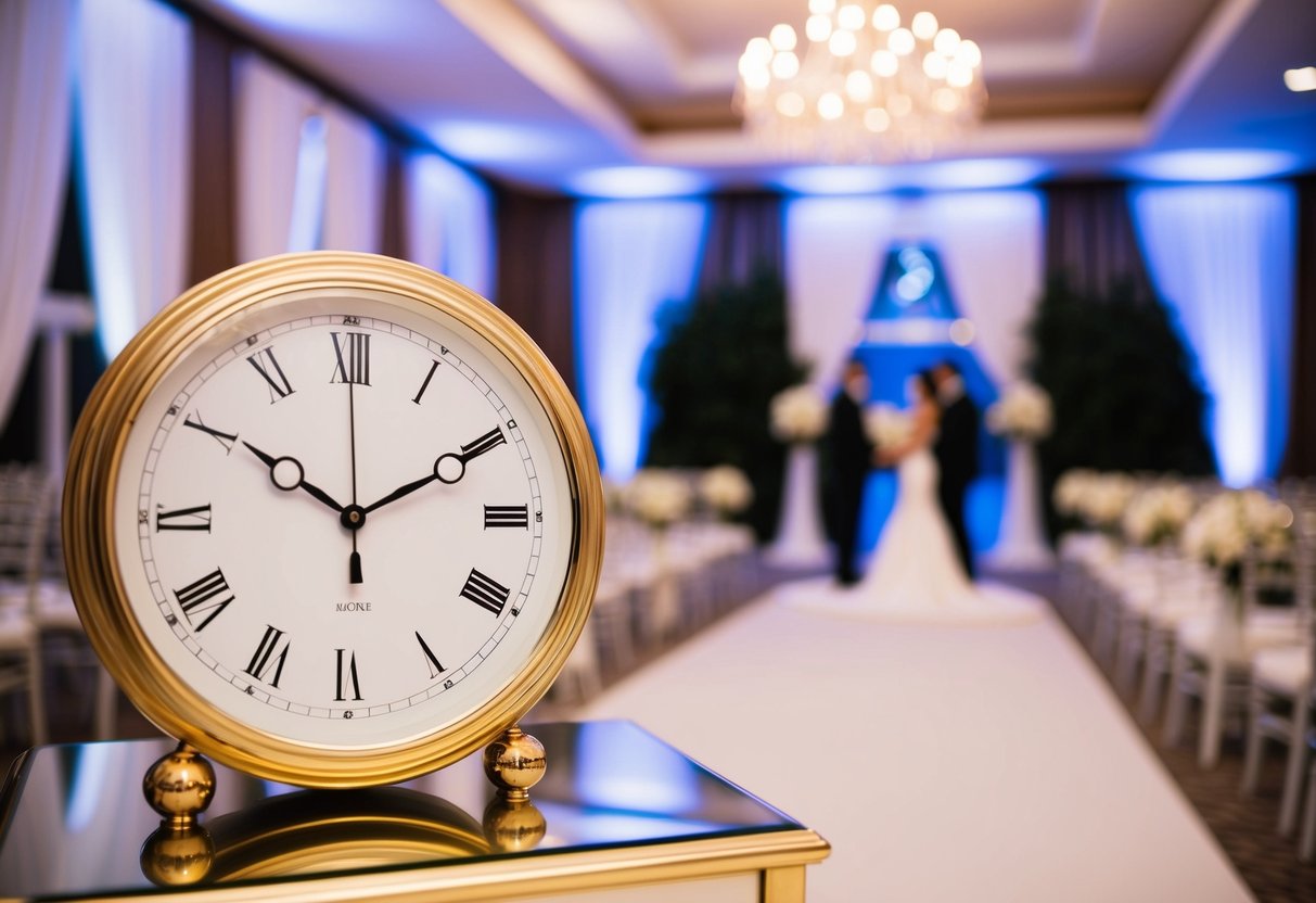 A clock showing 6:30 with a wedding venue in the background, suggesting the time for a wedding ceremony