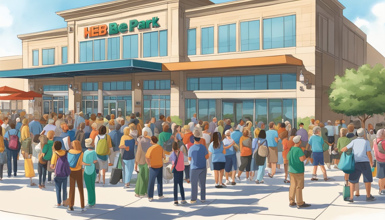 A bustling crowd gathers outside the HEB Center at Cedar Park, with people lining up at the ticket booth and others enjoying the surrounding outdoor plaza