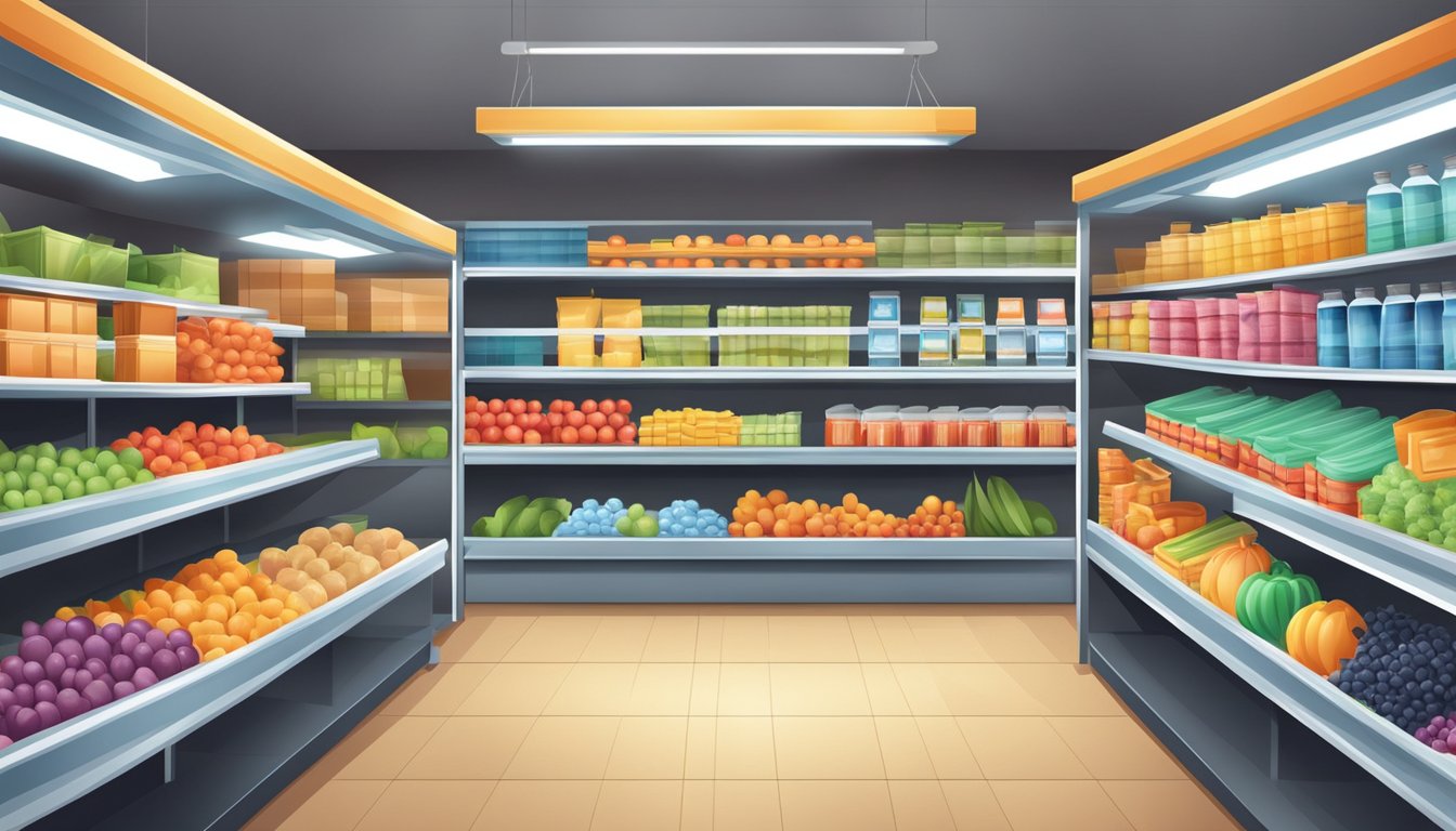 An empty grocery store with bright lights and neatly organized shelves