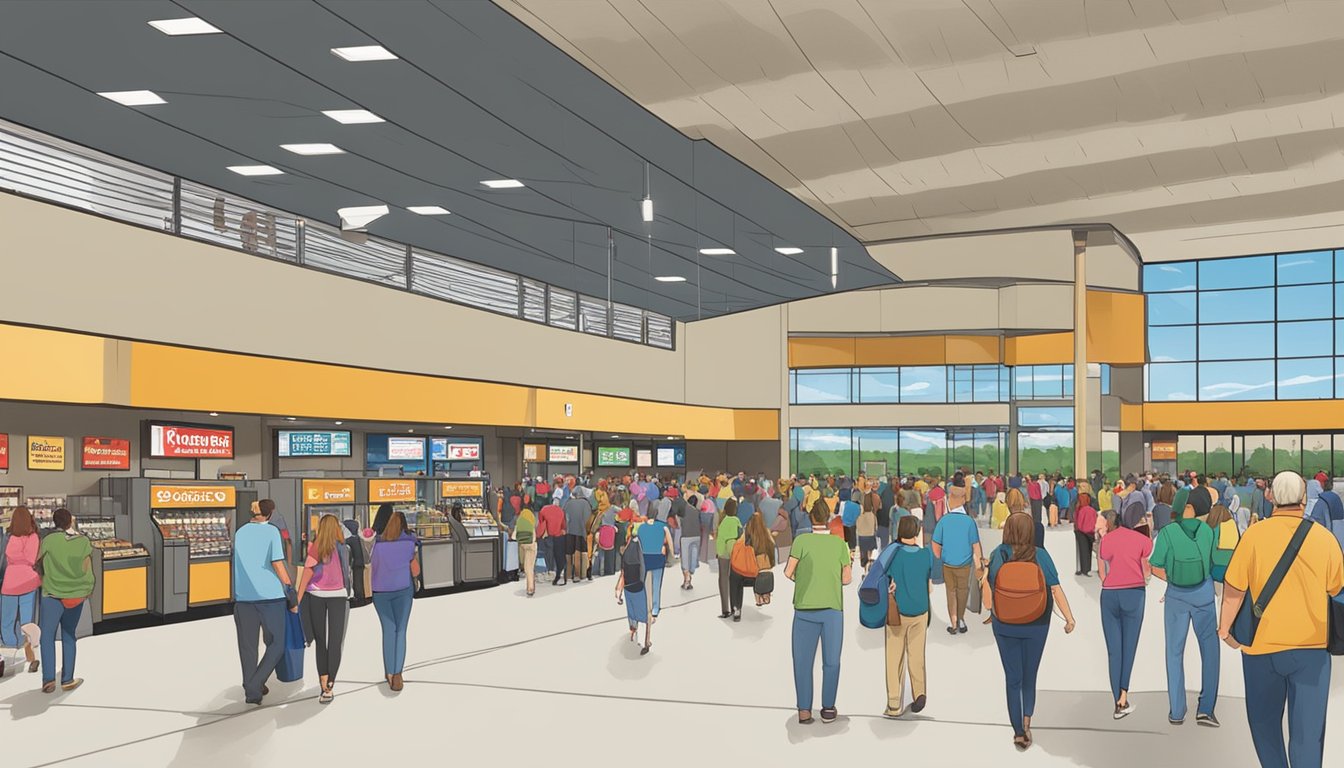 The bustling crowd fills the spacious lobby of the Venue Services HEB Center at Cedar Park, with ticket booths and concession stands lining the walls