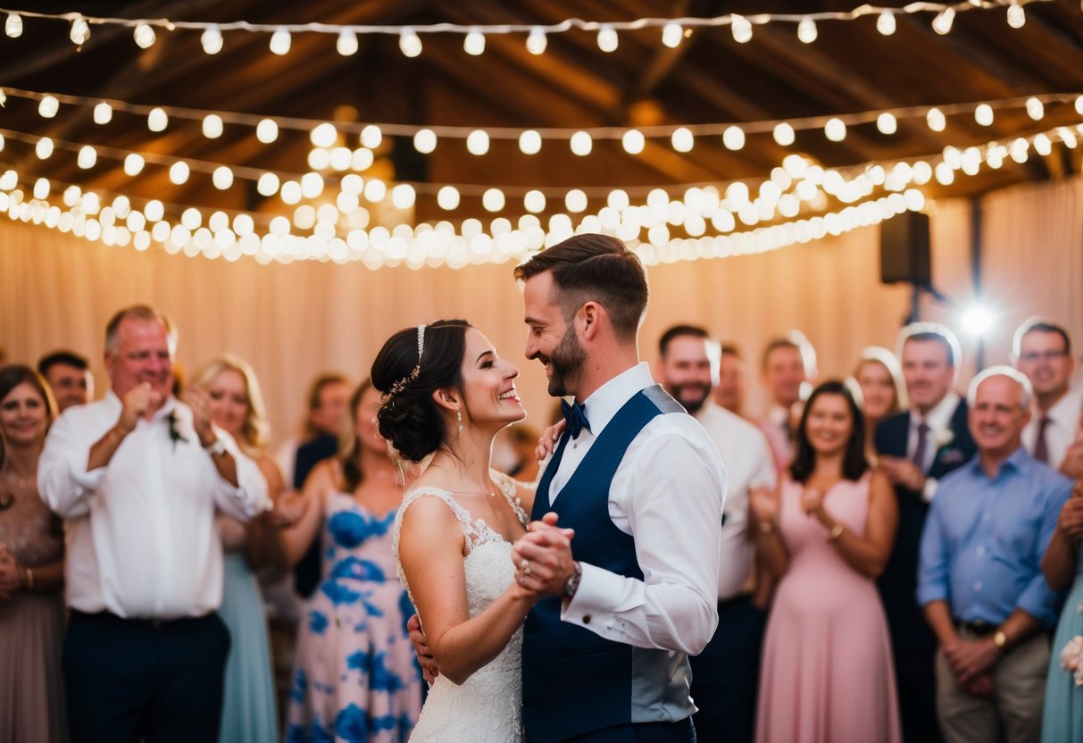 A couple dances under twinkling lights, surrounded by friends and family, as the most common wedding song fills the air