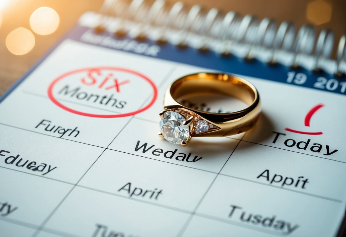 A wedding ring placed on a calendar, with the date circled six months from today