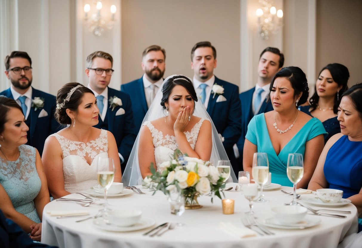 A group of wedding guests cringe as the maid of honor speech veers into inappropriate territory, with the bride looking increasingly uncomfortable
