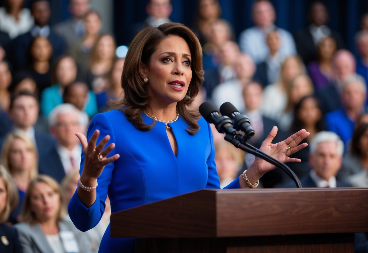 A woman standing at a podium, addressing a crowd with a serious expression, gesturing with her hands as she speaks