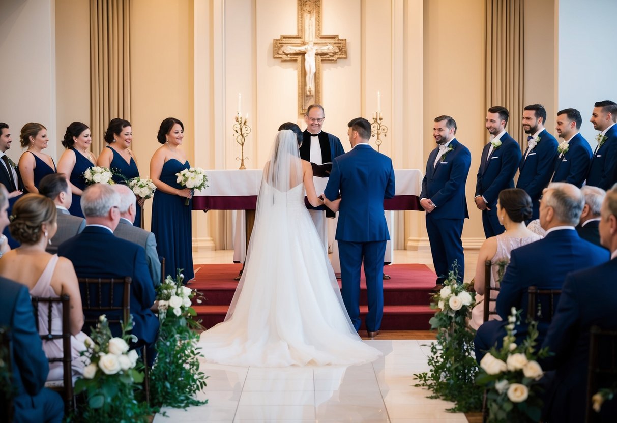 The bride and groom stand at the altar, facing their guests. The officiant speaks first, followed by any readings or poems, then the couple exchange vows and rings. Finally, the officiant pronounces them married