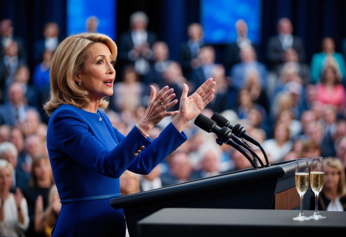 A woman standing at a podium, gesturing with her hands as she speaks to a crowd. An empty champagne glass sits on the table in front of her