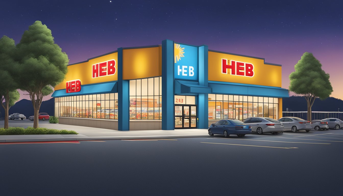 The H-E-B store sign illuminated at night, with the store hours displayed prominently. The parking lot is empty, and the surrounding area is quiet