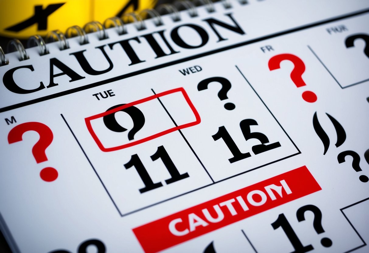 A calendar with a wedding date circled in red, surrounded by question marks and caution signs