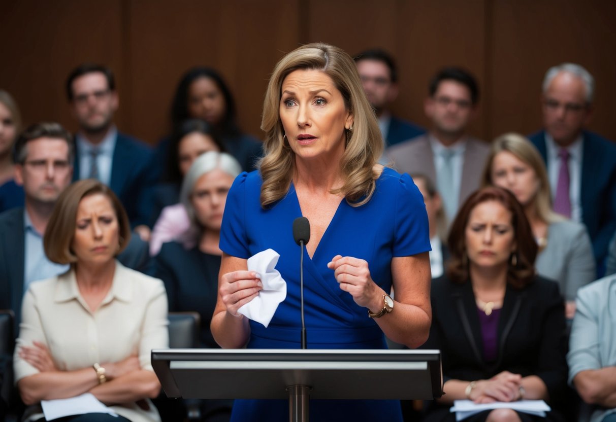 A woman standing at a podium, looking nervous, with a crumpled piece of paper in hand. Audience members appear uncomfortable