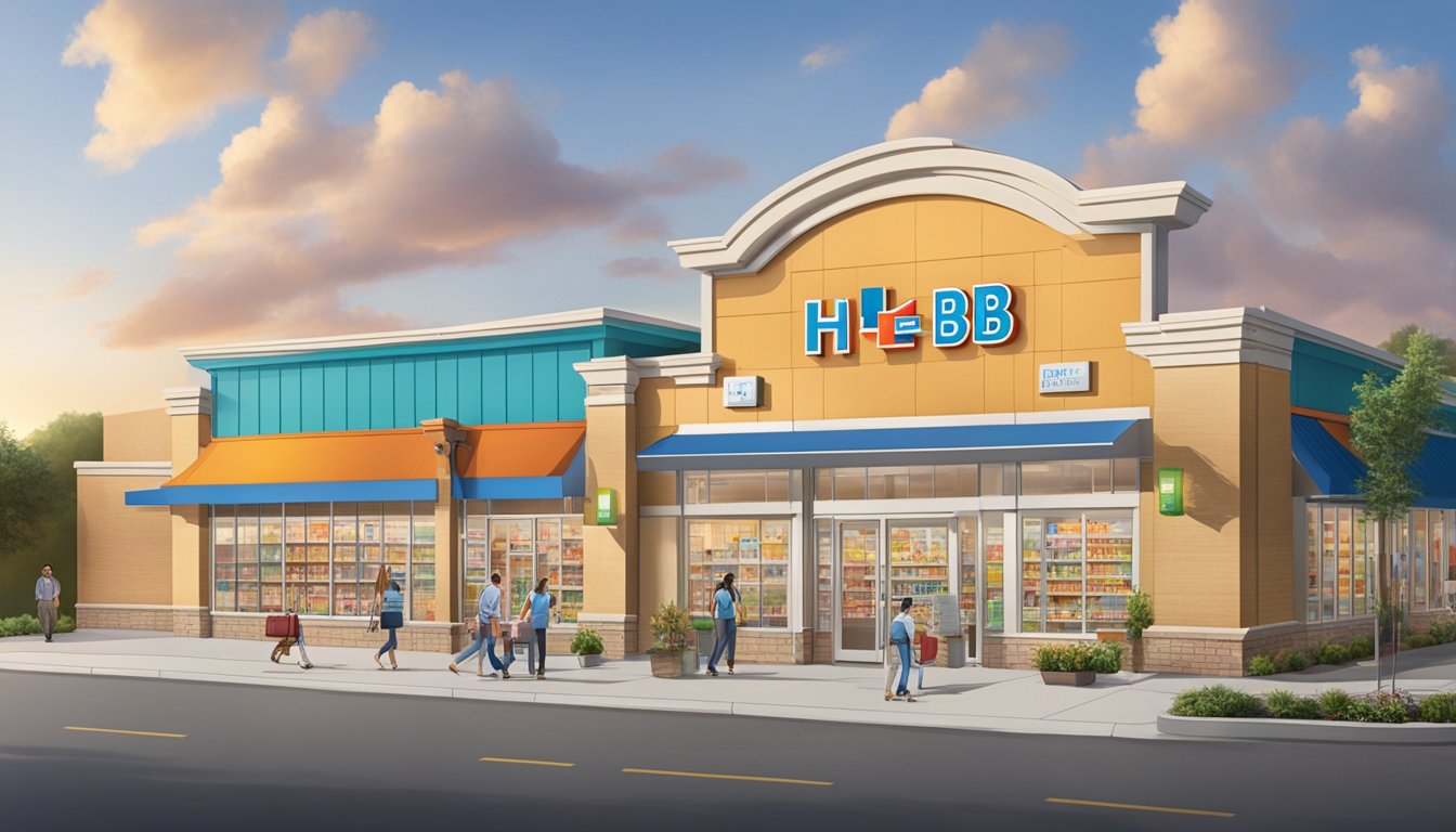 The H-E-B Pharmacy is open daily, with a bright and welcoming storefront, a sign displaying the hours of operation, and a steady flow of customers entering and exiting the building