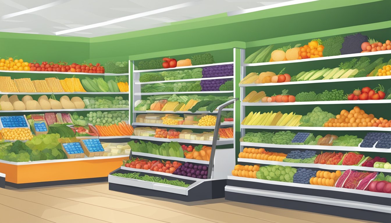 A vibrant display of fresh produce, supplements, and exercise equipment at a Health and Wellness section in a grocery store