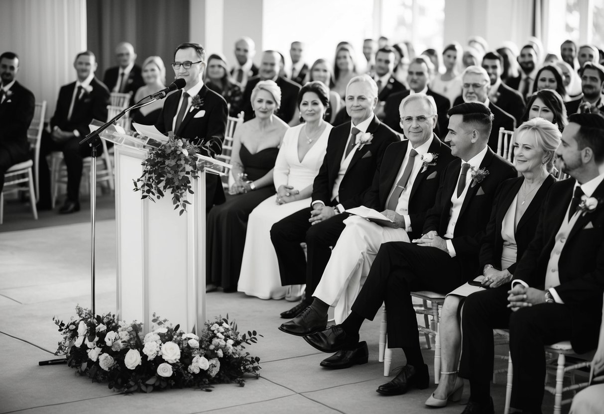 A wedding scene: A podium at the front, with a microphone and flowers. Chairs arranged in rows, with guests seated and attentive