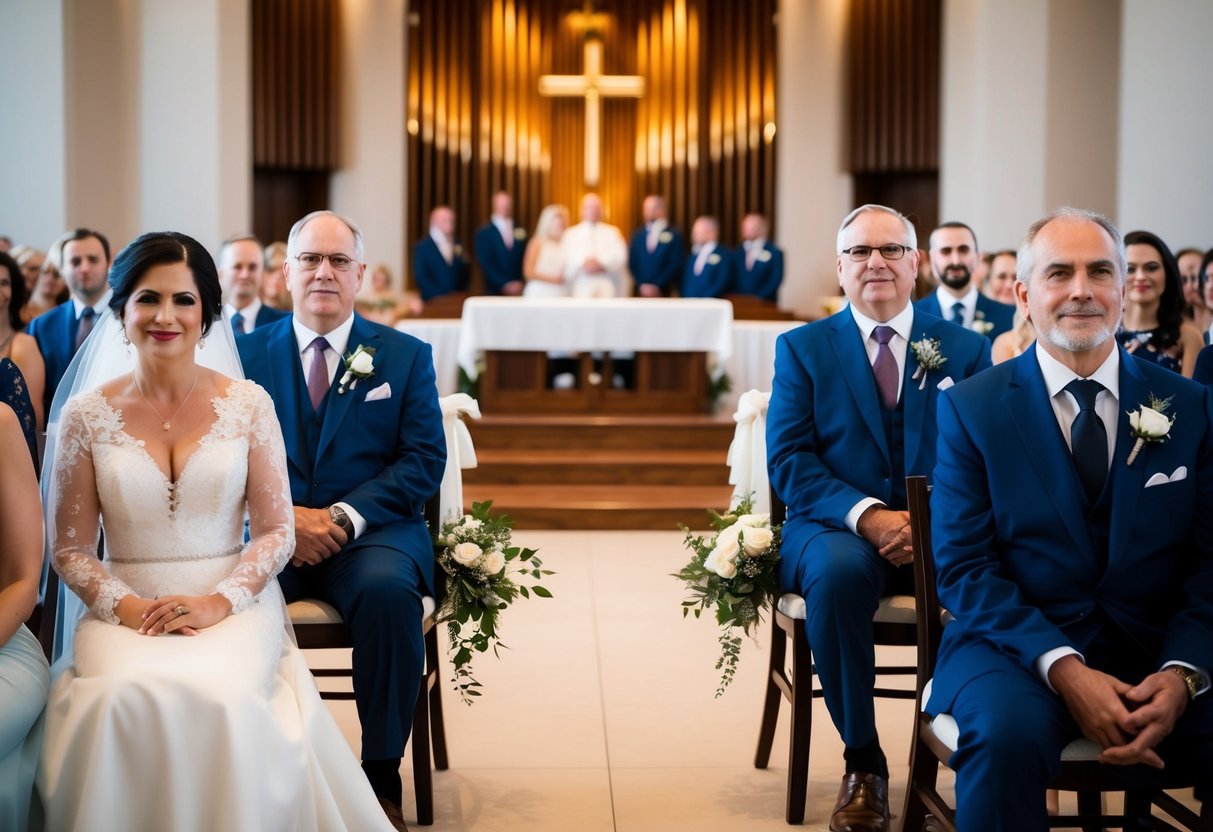 Parents seated in the front row facing the altar, with the mother of the bride on the left and the father of the groom on the right