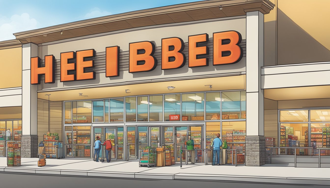 A brightly lit H-E-B store with a sign displaying extended service hours, with customers entering and exiting the building