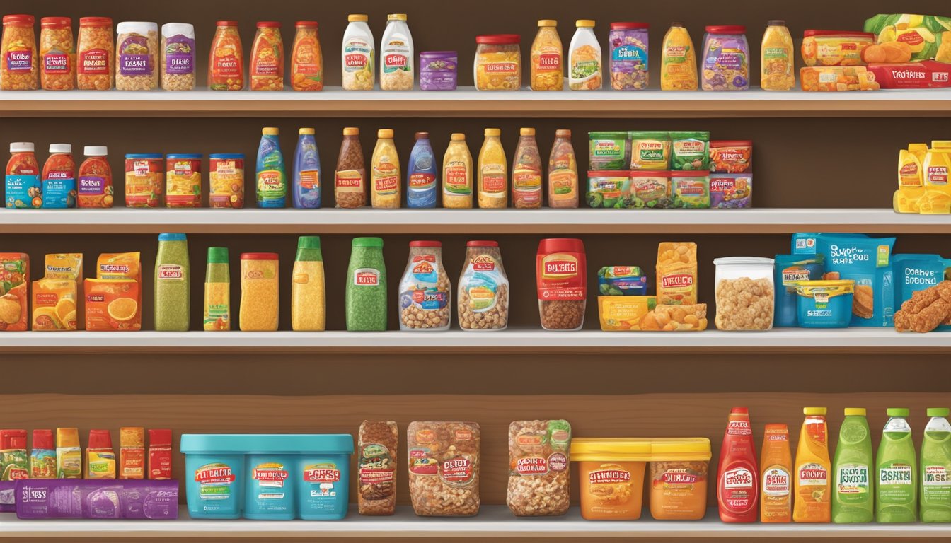 A colorful display of exclusive H-E-B products, arranged neatly on shelves in the H-E-B app