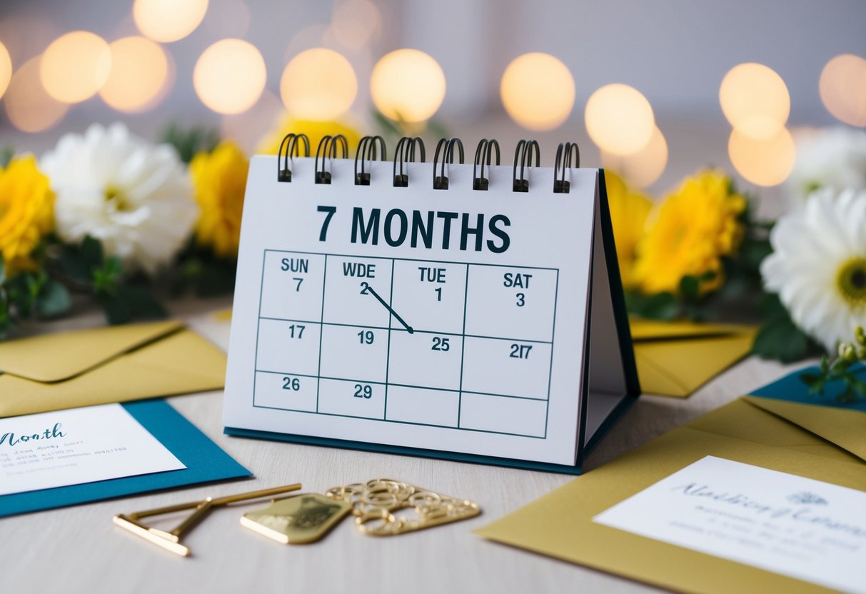 A calendar with a date 7 months in the future circled, surrounded by wedding invitation cards and envelopes