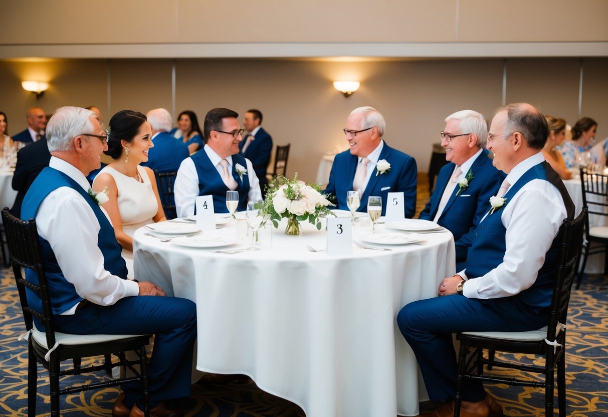 Parents seated at a round table, bride's parents on one side, groom's on the other, facing each other. Tables labeled with placeholders