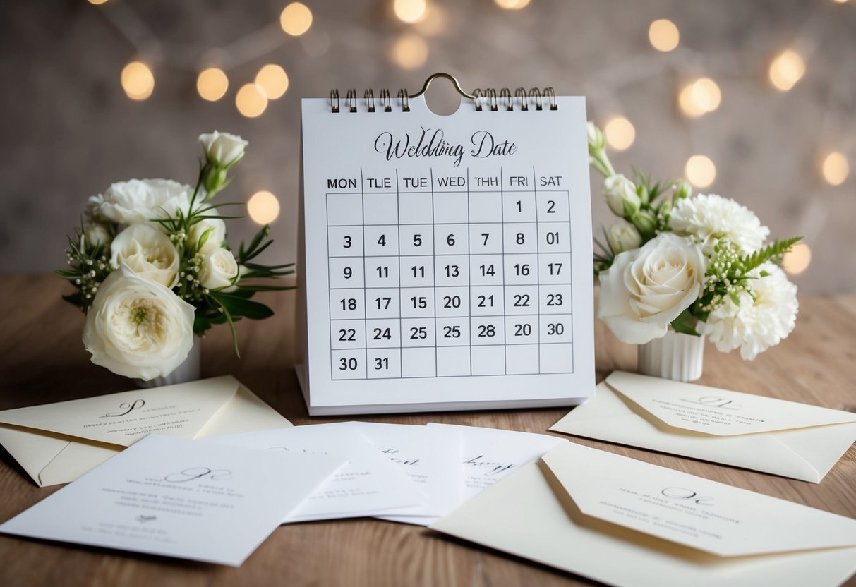 A calendar with a wedding date marked 7 months ahead, surrounded by wedding invitation cards and envelopes