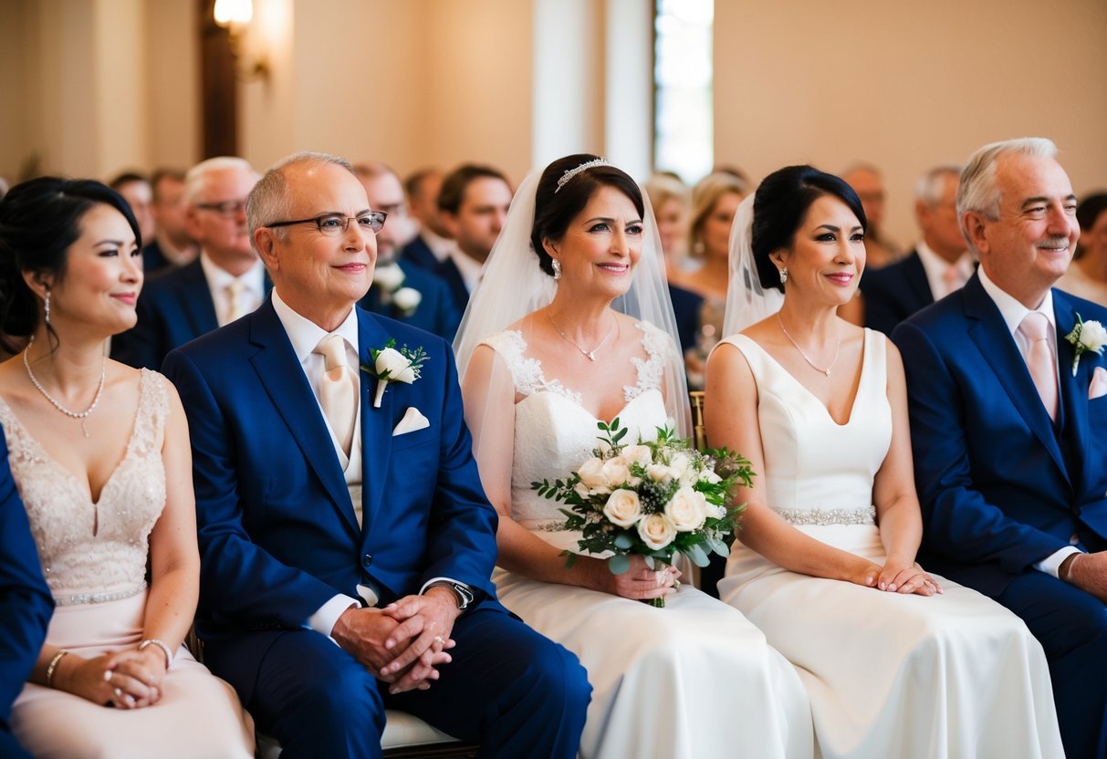 Parents' seating: bride's parents on the left, groom's on the right. Front row for both, with the mother seated closest to the aisle