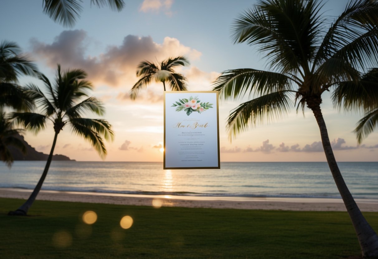 A tropical beach with a sunset backdrop, a wedding invitation floating in the breeze, surrounded by palm trees and a serene ocean view