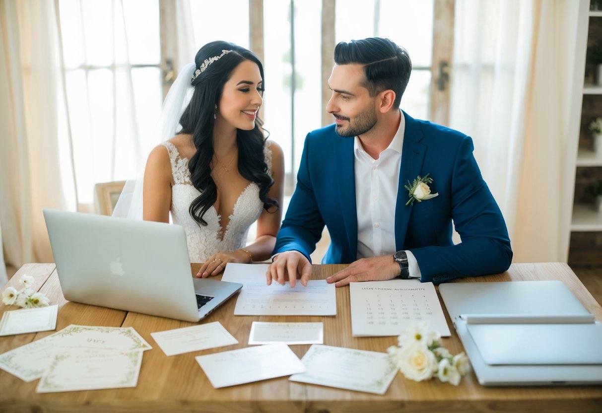 A couple seated at a table, surrounded by wedding invitations, a calendar, and a laptop, discussing RSVPs and finalizing the guest count