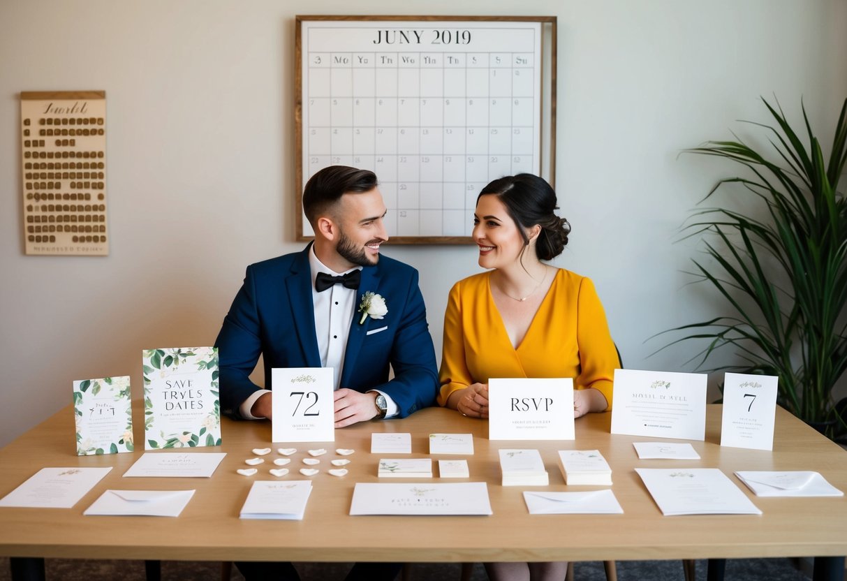 A couple sits at a table, surrounded by various wedding stationery elements such as save-the-dates, RSVP cards, and envelopes. A calendar on the wall shows the date 7 months before their wedding
