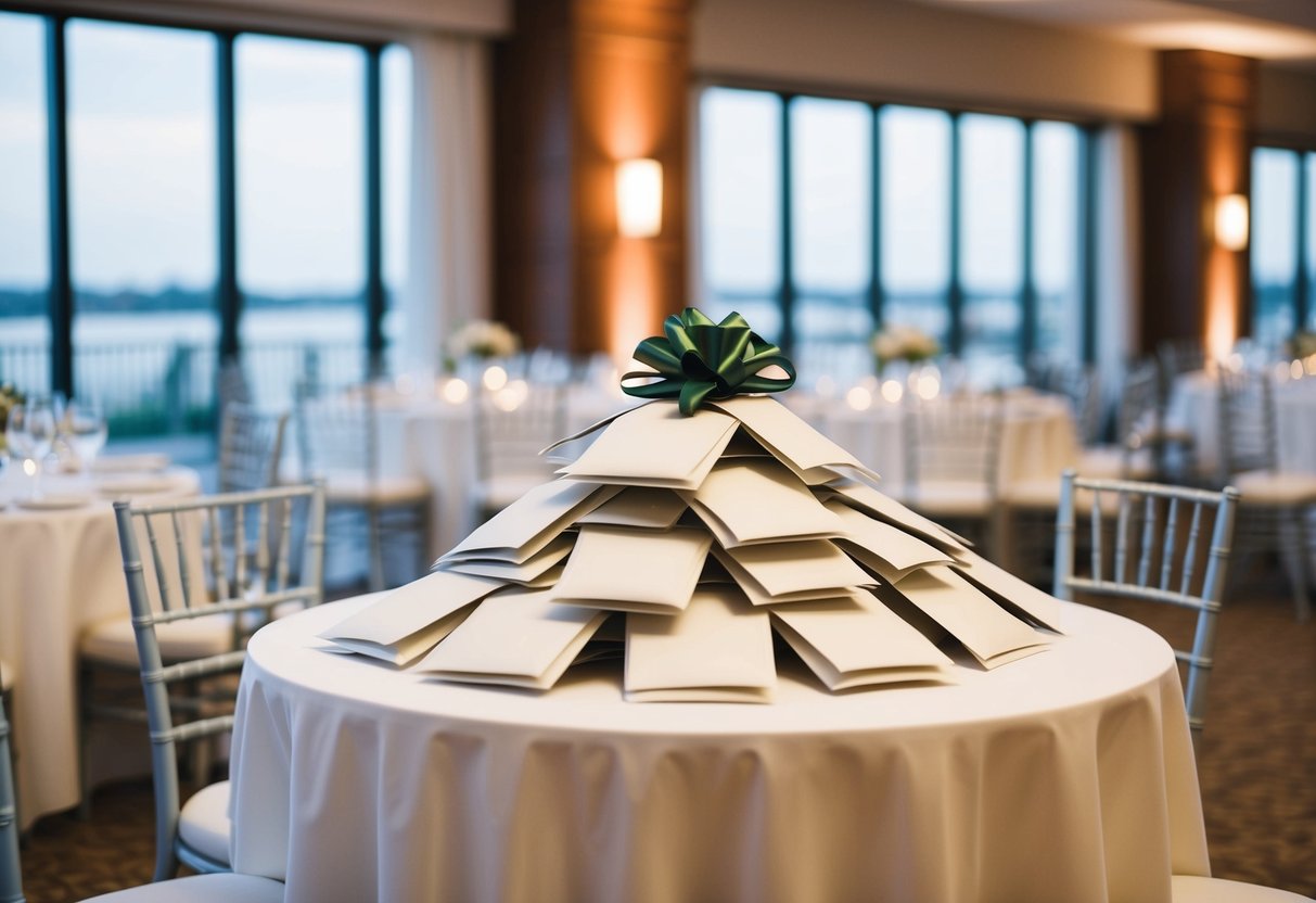 A table with a pile of unopened gift envelopes, surrounded by empty chairs at a wedding reception