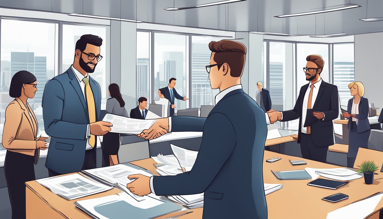 A group of people in business attire exchanging documents and shaking hands in a modern office setting