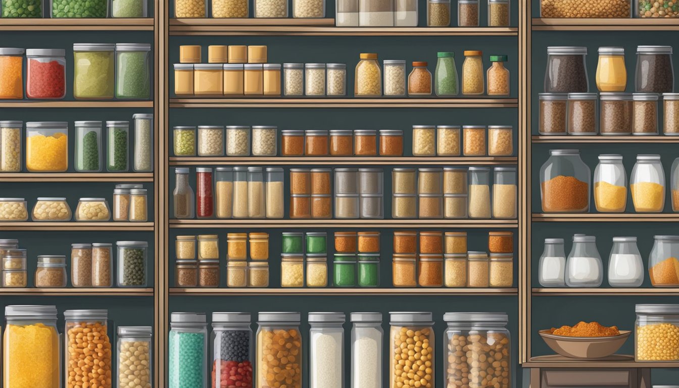 A well-stocked pantry with shelves filled with essential grocery items like canned goods, pasta, rice, spices, and condiments