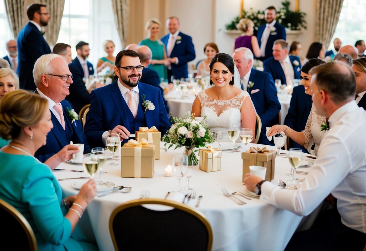 A group of wedding guests at tables, some with gifts, others empty-handed. A mix of expressions and gestures indicating different levels of participation