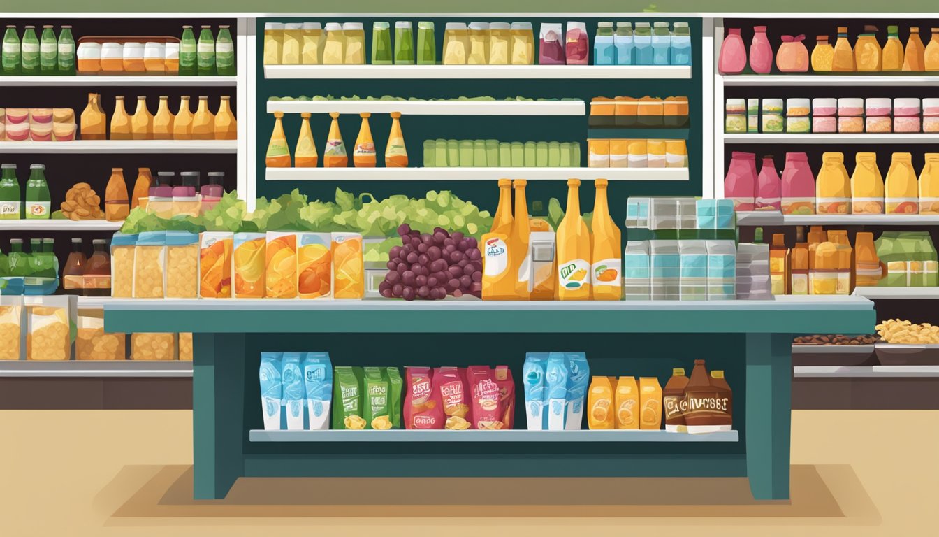 A table with assorted beverages and snacks displayed in a grocery store setting