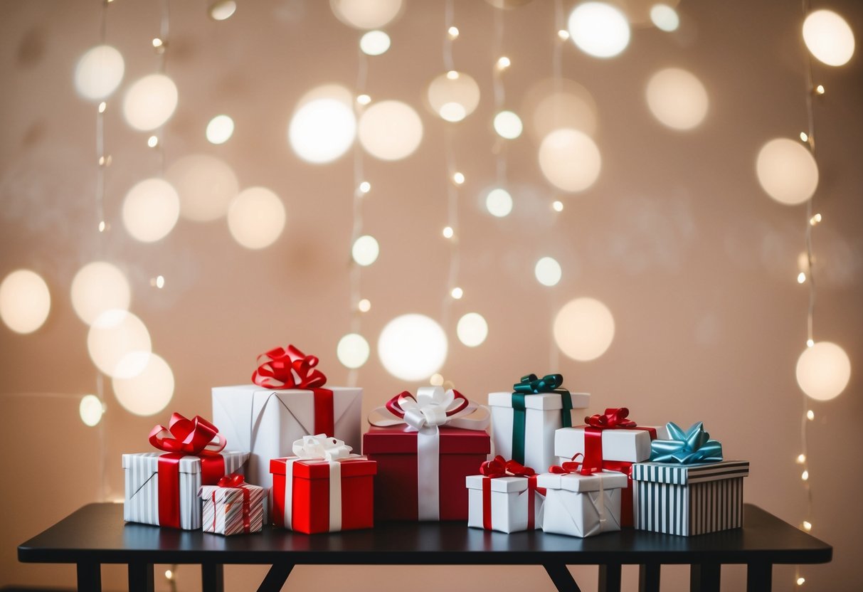 A wedding gift table with a mix of wrapped presents and empty spaces