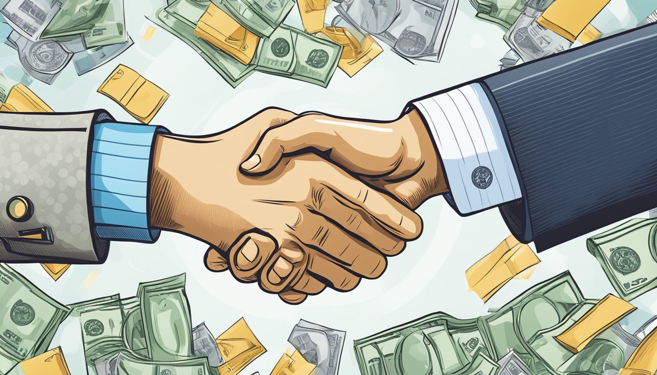 A handshake between two business entities with financial symbols in the background