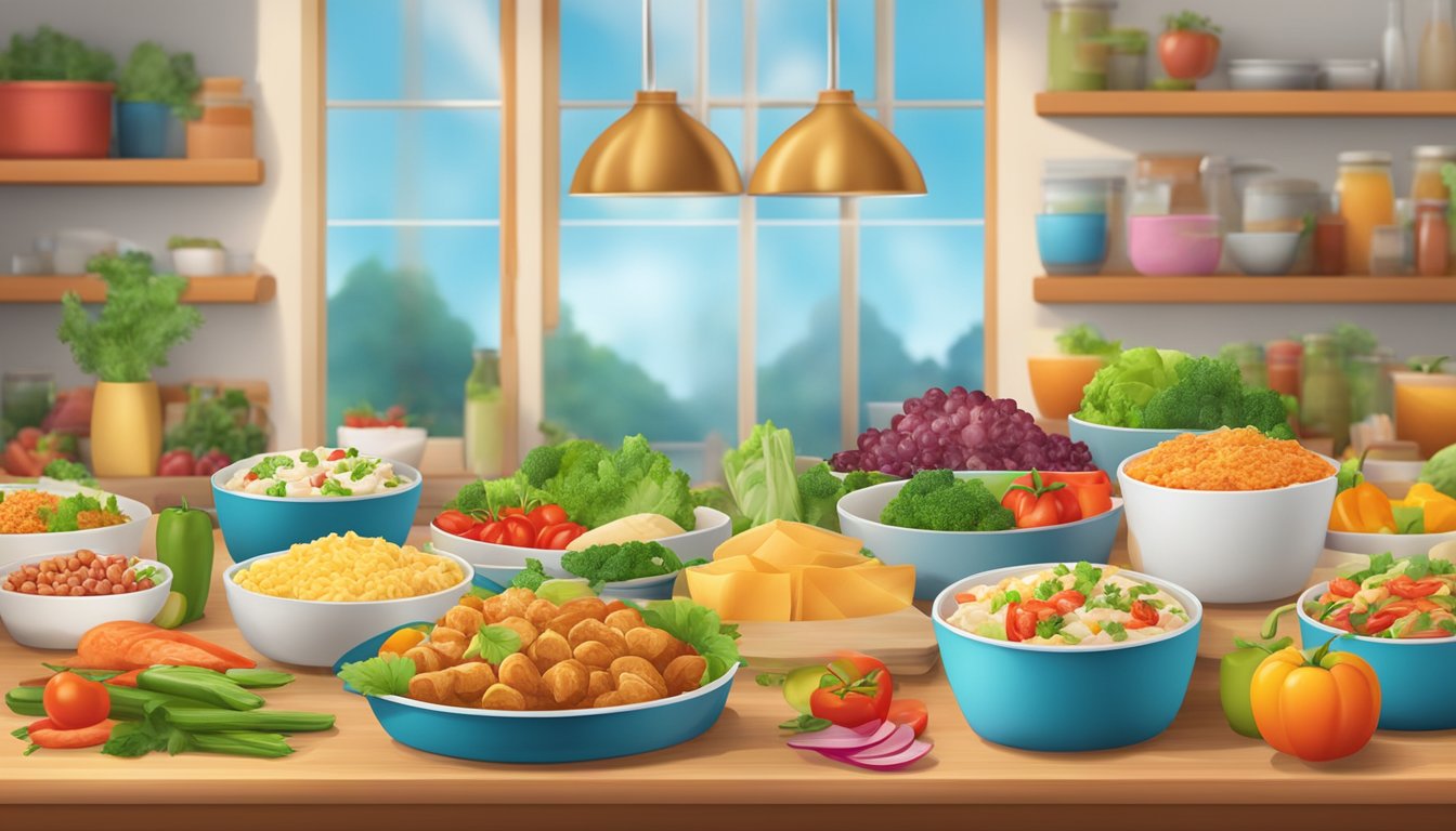 A colorful display of various ready-made meals arranged on a table with vibrant packaging and fresh ingredients, surrounded by a warm and inviting atmosphere